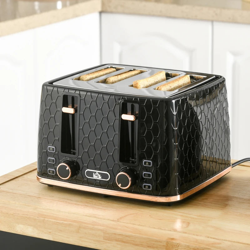 4 Slice Toaster with 7 Browning Levels, High Lift, Auto Off, Black Honeycomb Texture - Perfect for Even Toasting