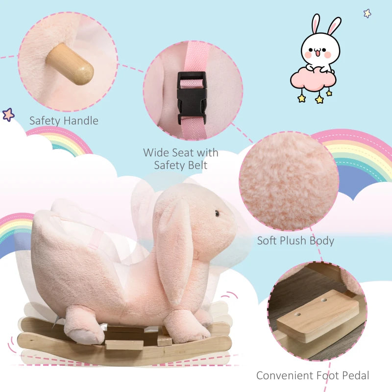 Plush Rocking Rabbit Ride-On Toy with Sound and Seatbelt for Toddlers Ages 18-36 Months Pink
