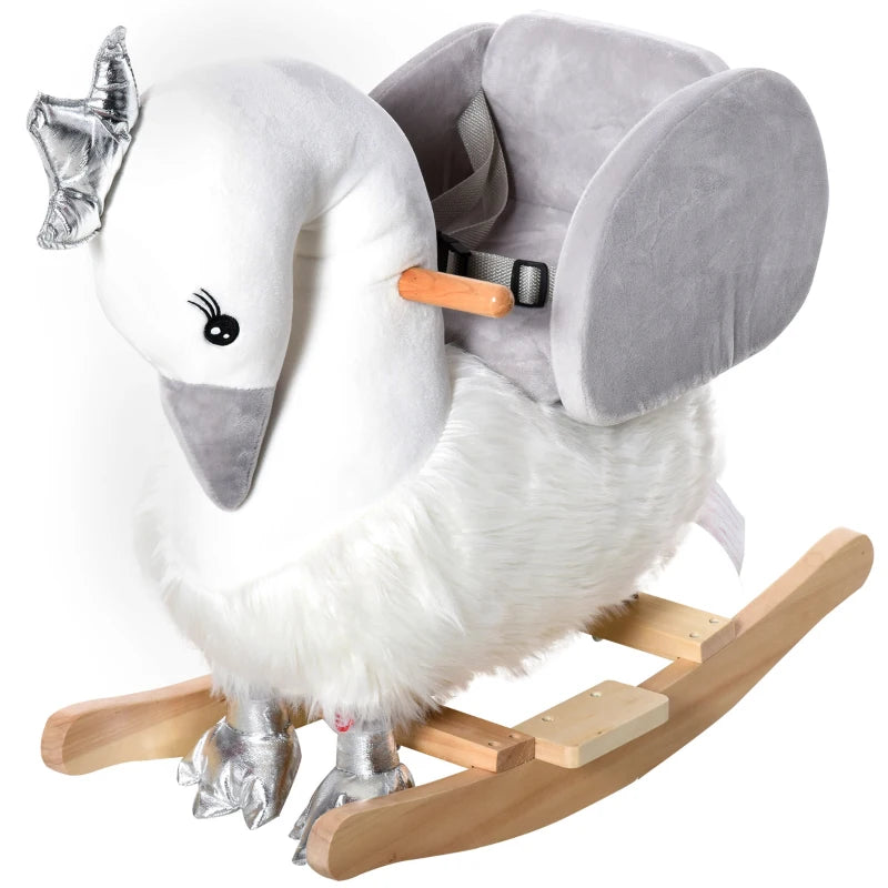 Kids Plush Rocking Horse & Swan Ride-On Toy with Sound, Wooden Base, Safety Belt for Toddlers 18-36 Months - White & Grey