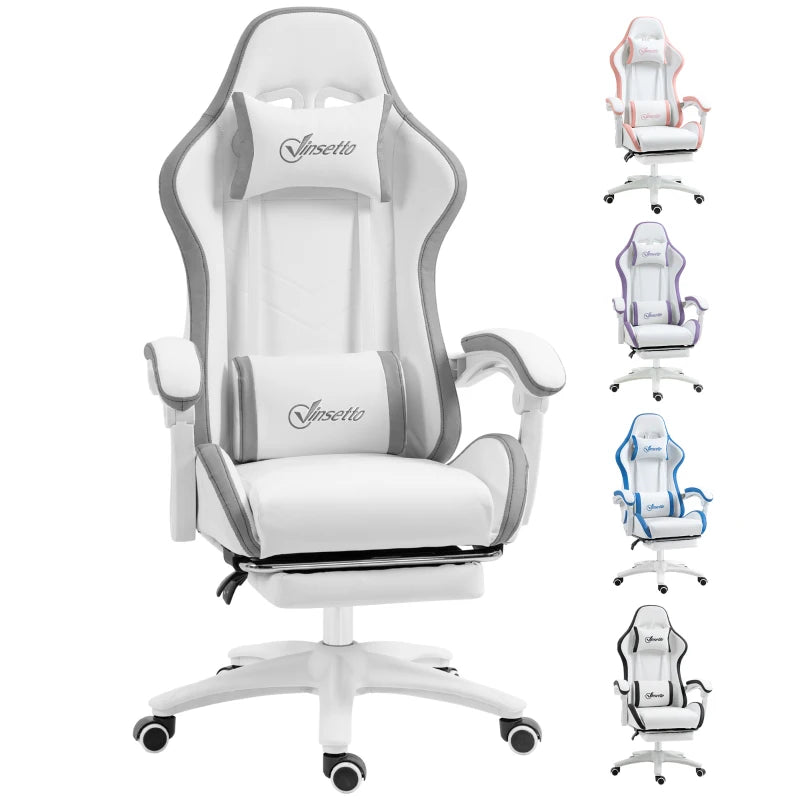 Vinsetto Gaming Chair with Footrest - PU Leather Swivel Desk Chair, 135° Recline, Lumbar Support, White & Grey