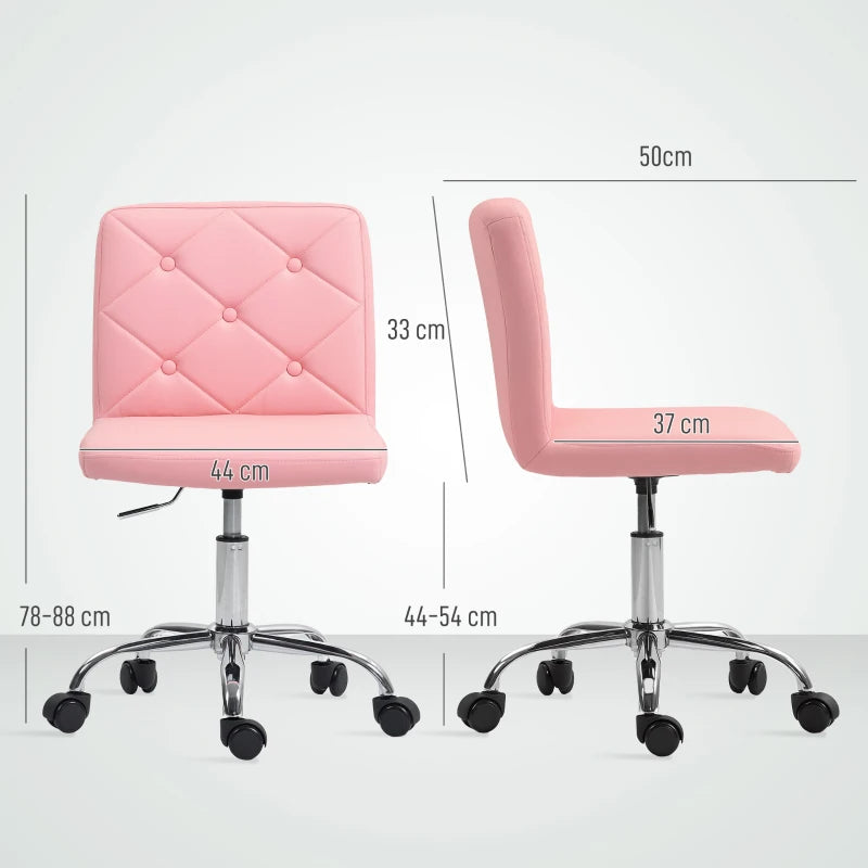 Pink PU Leather Armless Office Chair - Modern Swivel Computer Chair with Rolling Wheels & Adjustable Height for Home & Study