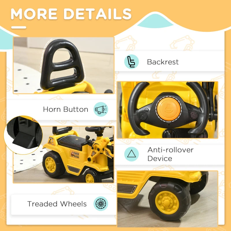 3 in 1 Ride On Toy Bulldozer for Toddlers Digger Excavator Scooter Storage Cart