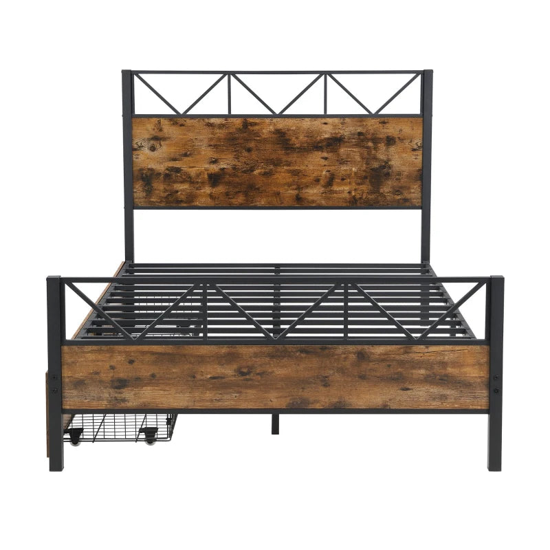 Sturdy Metal Double Bed with 2 Storage Drawers - Iron Frame & MDF, Black, 198L x 137W x 116H cm for Adults & Teens