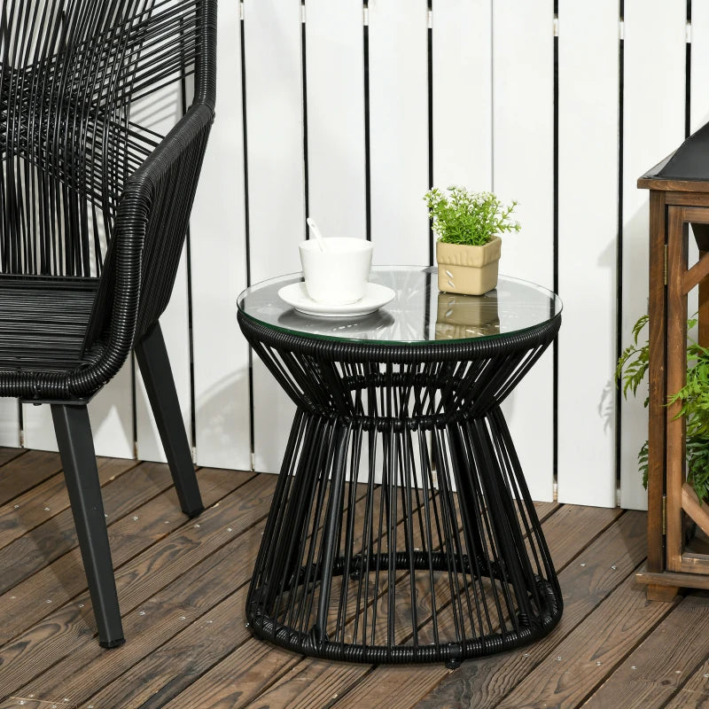 Black Rattan Drum Coffee Table with Glass Top for Outdoor Spaces