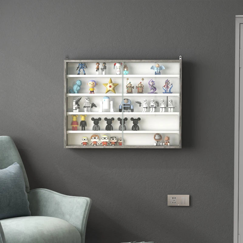 5-Tier Wall Display Shelf Unit with 4 Adjustable Shelves & Glass Doors - Grey Wood Grain Cabinet for Home Office Decor 60x80cm