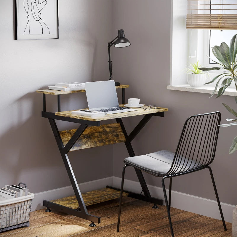 Industrial Computer Desk with Monitor Stand - 70x60cm Compact Home Office Desk for Small Spaces - Rustic Brown Finish