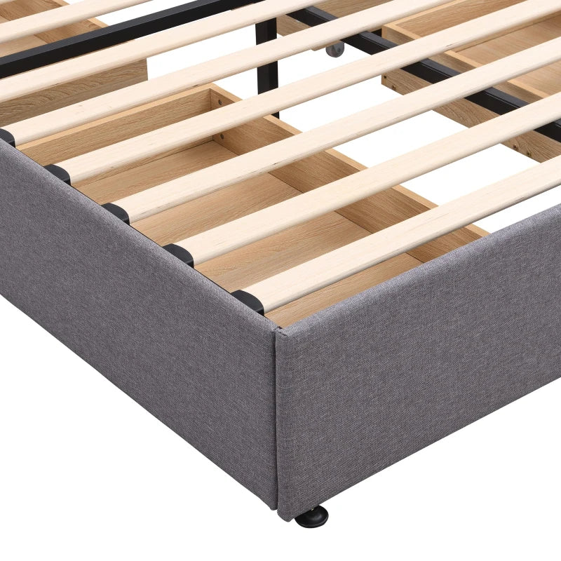 Upholstered Storage Bed with 4 Drawers - Double Bed with Iron Frame & Wooden Slats, Grey, 193.5 x 141 x 30 cm