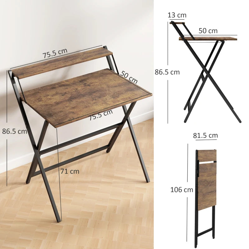 81.5 cm Rustic Brown Folding Computer Desk with Monitor Shelf - Space-Saving Home Office Furniture