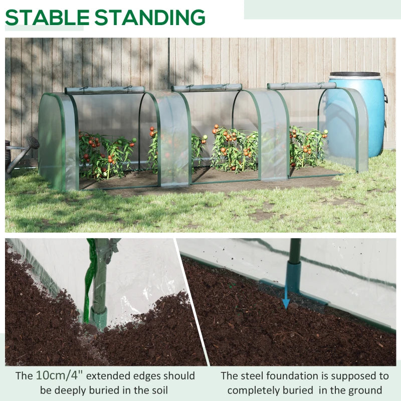 Green PVC Tunnel Greenhouse with Steel Frame and Zipper Doors 295x100x80 cm