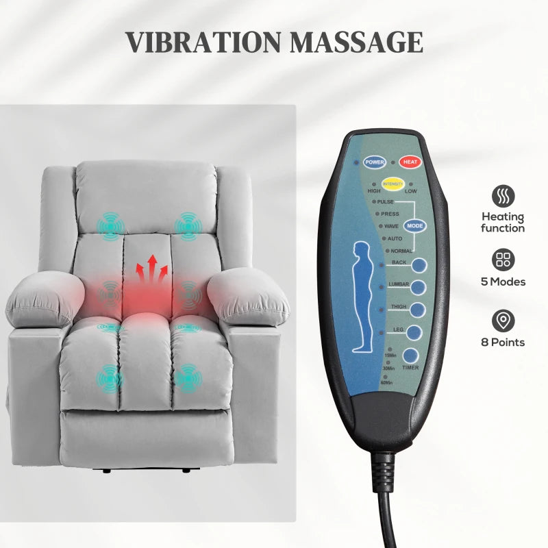Light Grey Velvet Electric Riser Recliner Armchair with Massage Function for Ultimate Comfort