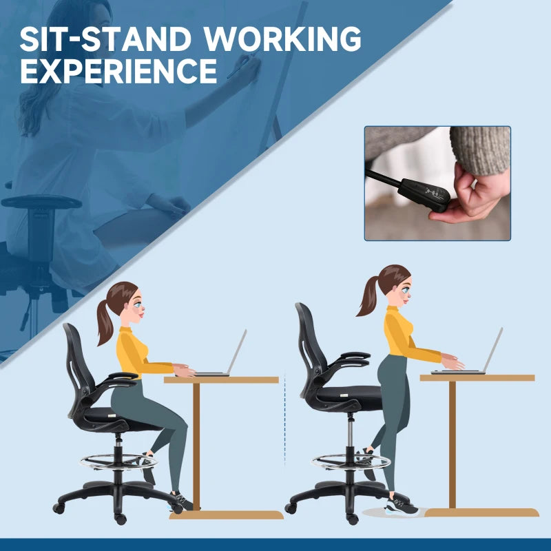 Vinsetto Adjustable Mesh Standing Desk Chair - Ergonomic with Flip-up Armrests, Lumbar Support & Adjustable Footrest - Black