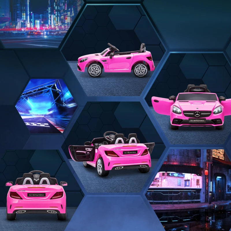 Benz SLC 300 Licensed 12V Kids Electric Ride On Car - Pink, Music, Remote Control, LED Headlights & Horn