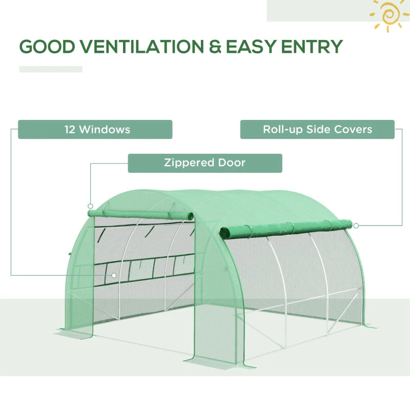 Green Walk-in Polytunnel Greenhouse with Roll-up Sidewalls, Zipped Door, 6 Windows - 3x3x2m