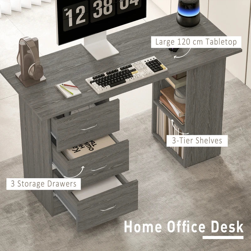 Modern Grey Computer Desk with 3 Storage Shelves & Drawers, Stylish Writing Table for Home Office, Silver Handle Workstation