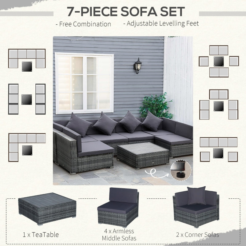 7-Piece Acacia Topped Patio Wicker Sofa Set: Stylish Outdoor Rattan Sectional with Cushions