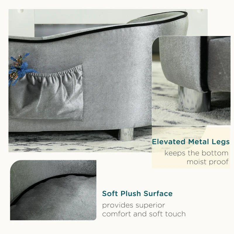 Stylish Dog Sofa Pet Chair with Wooden Frame, Removable Cushion - Grey & Silver-Tone Kitten Bed Couch