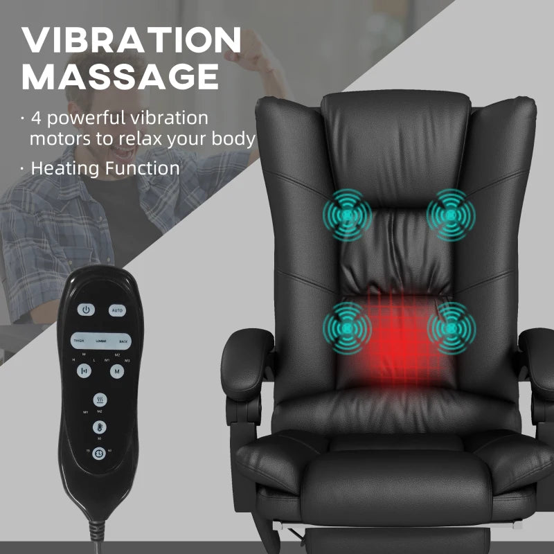Vinsetto High Back Massage Office Chair with Heat, Reclining PU Leather Computer Chair, 135° Recline & Footrest - Black