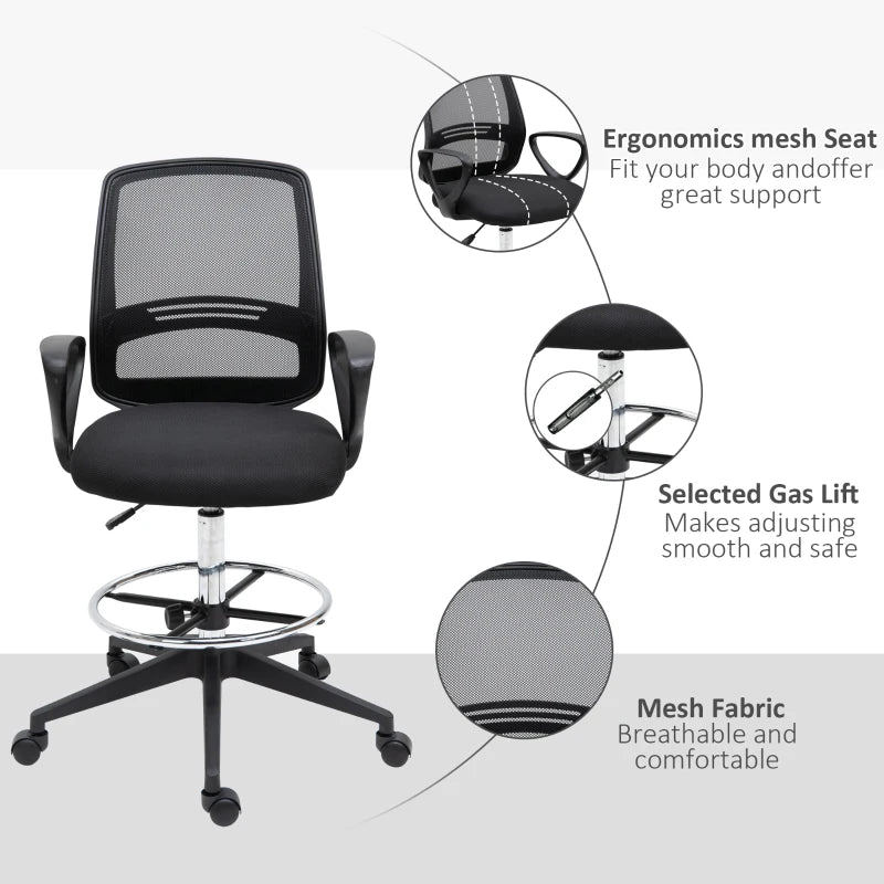 Vinsetto Ergonomic Drafting Chair - Adjustable Height, Mesh Back, Lumbar Support, Swivel Wheels, Ideal for Standing Desks - Black