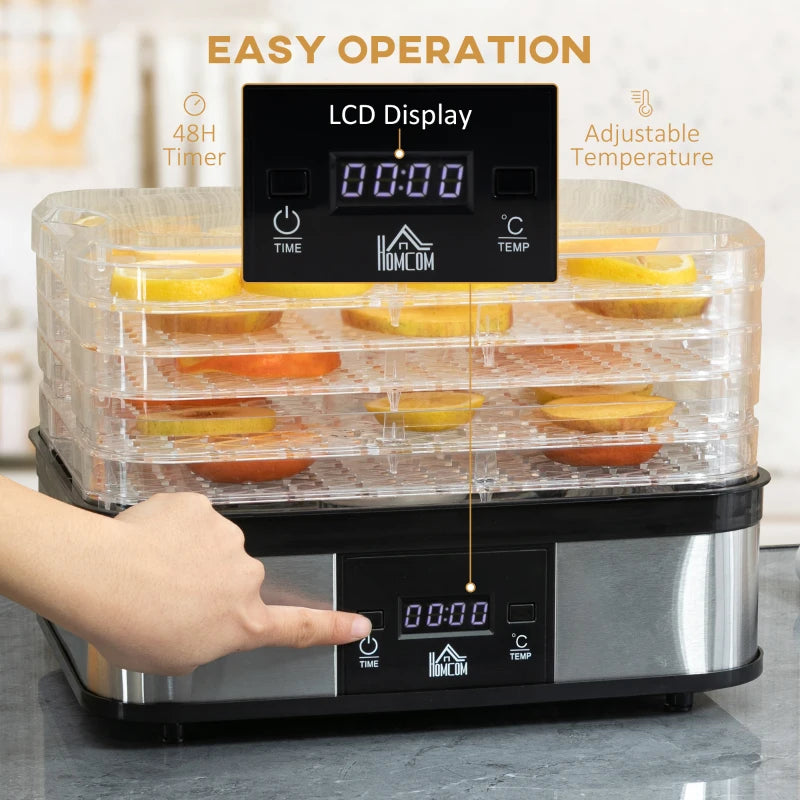 5-Tier Stainless Steel Food Dehydrator - 245W Adjustable Temperature & Timer, LCD Display for Fruits, Vegetables, Jerky & Pet Treats