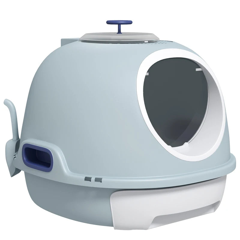 Blue Enclosed Cat Litter Box with Drawer & Scoop - Front Entry, Top Exit, Easy to Clean