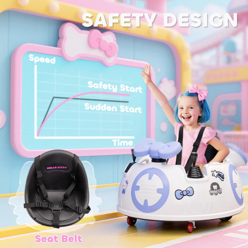 Hello Kitty Kids Ride On Bumper Car with Remote Control Joysticks Music Lights Safety Belt White