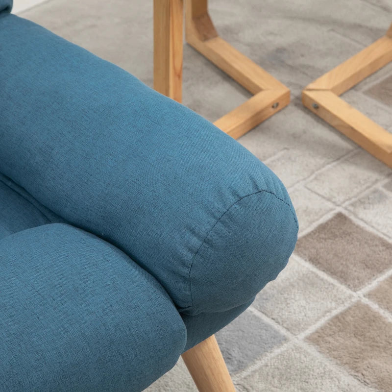 Blue Accent Armchair with Footstool, 180° Recliner and Adjustable Backrest, Stylish Wooden Legs for Living Room