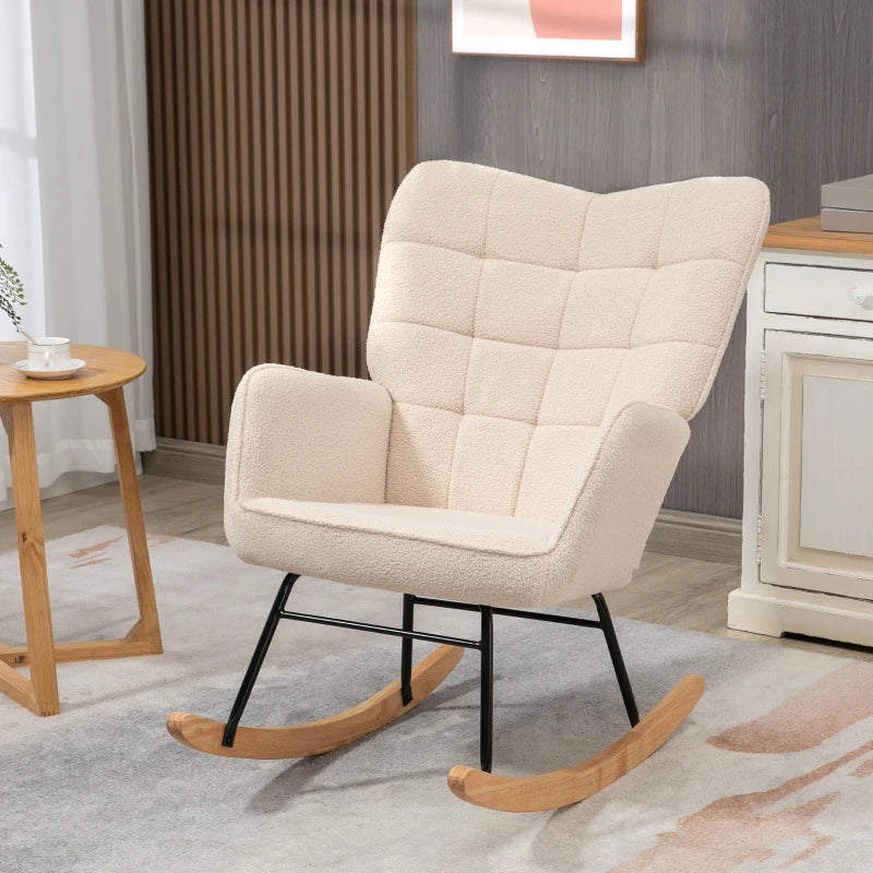 Berber Fleece Nursery Glider Rocker for Nursing and Relaxation, Wingback Rocking Chair in Beige for Living Room