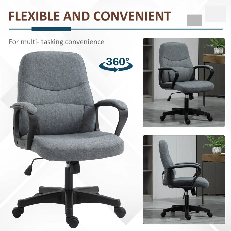 Vinsetto Grey Fabric Office Chair with Massage Lumbar Support, Adjustable Height, Mid Back Design, Swivel Wheels for Comfort