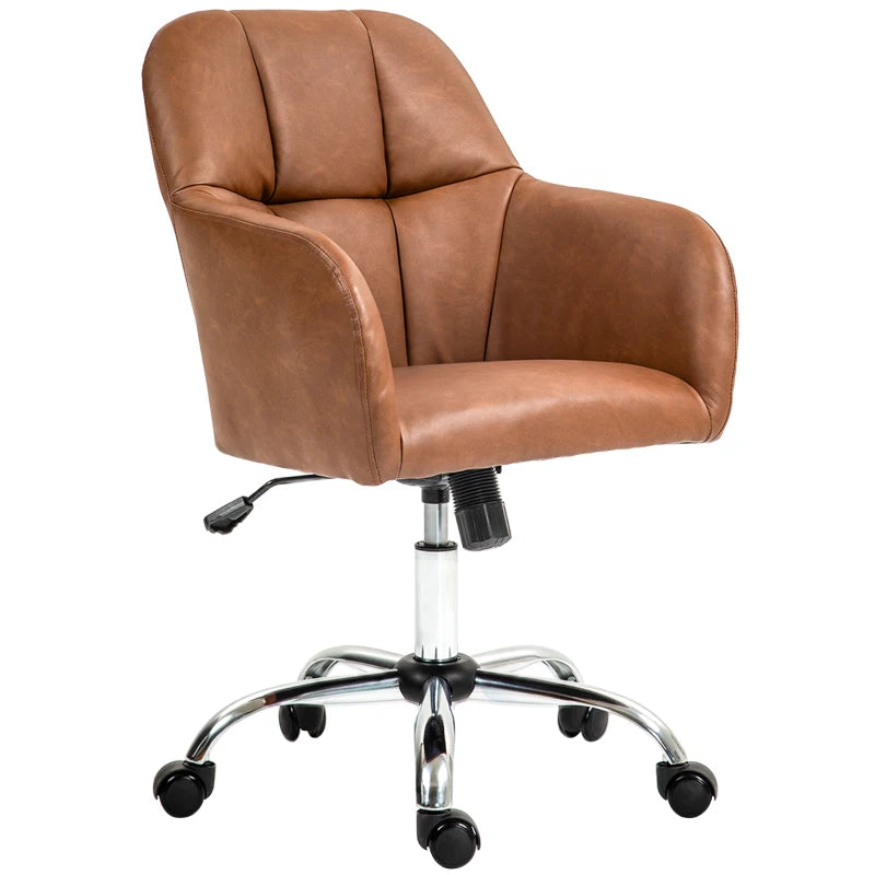 Stylish Brown Faux Leather Tub Office Chair with Wheels - Comfortable Ergonomic Design for Home or Office Use