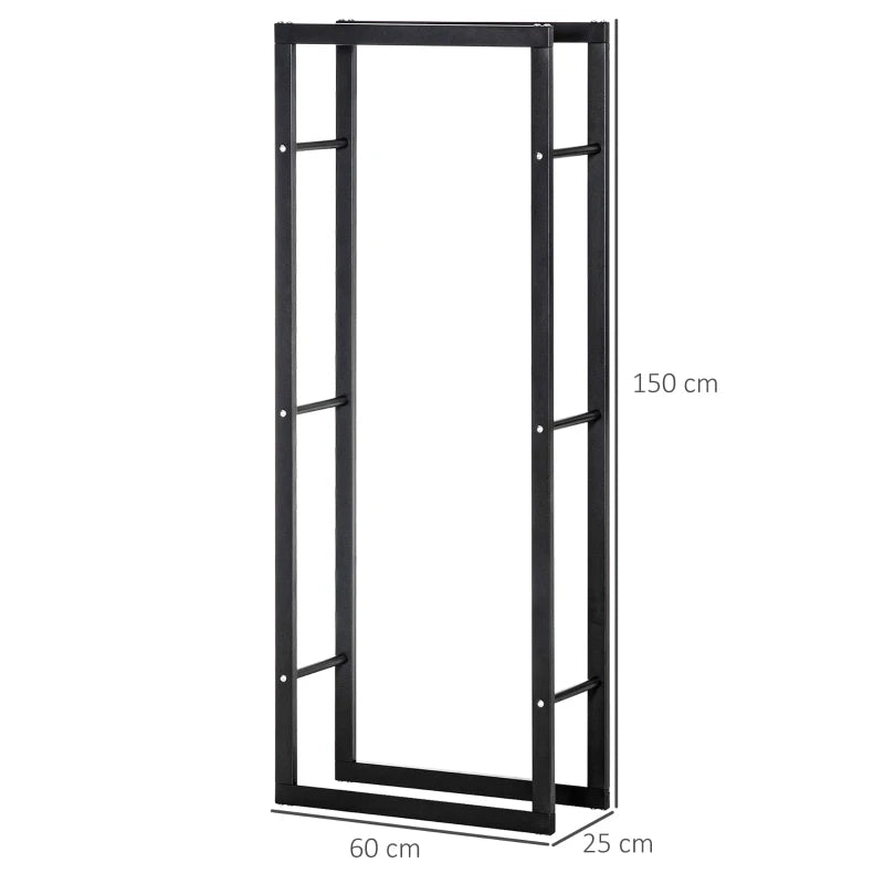 Tall Metal Firewood Log Holder Rack - Indoor/Outdoor Fireplace Wood Storage Shelf, Black, 60x25x150 cm