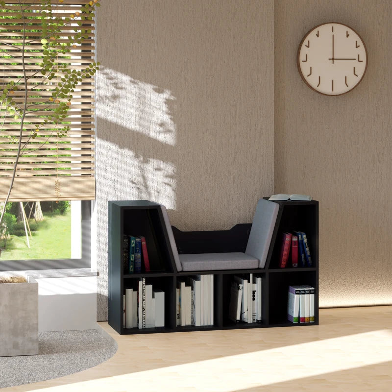 Stylish Black Bookcase Storage Shelf with Cushioned Reading Seat - Cube Bookshelf Organizer for Bedroom & Living Room