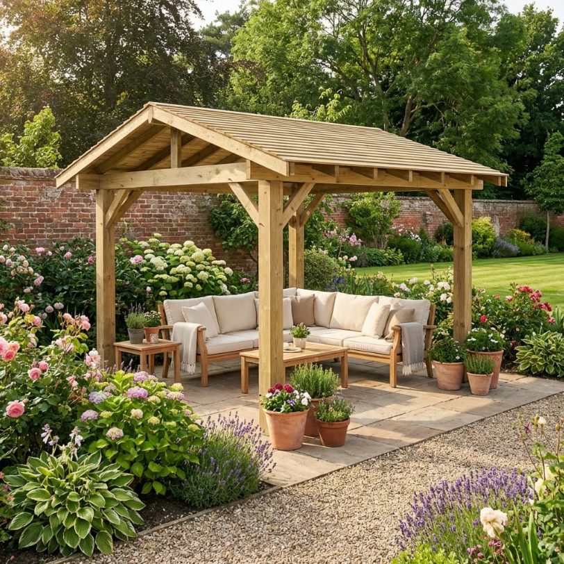 Ruby Wooden Apex Gazebo with Cedar Featheredge Roof – With Overhang Design