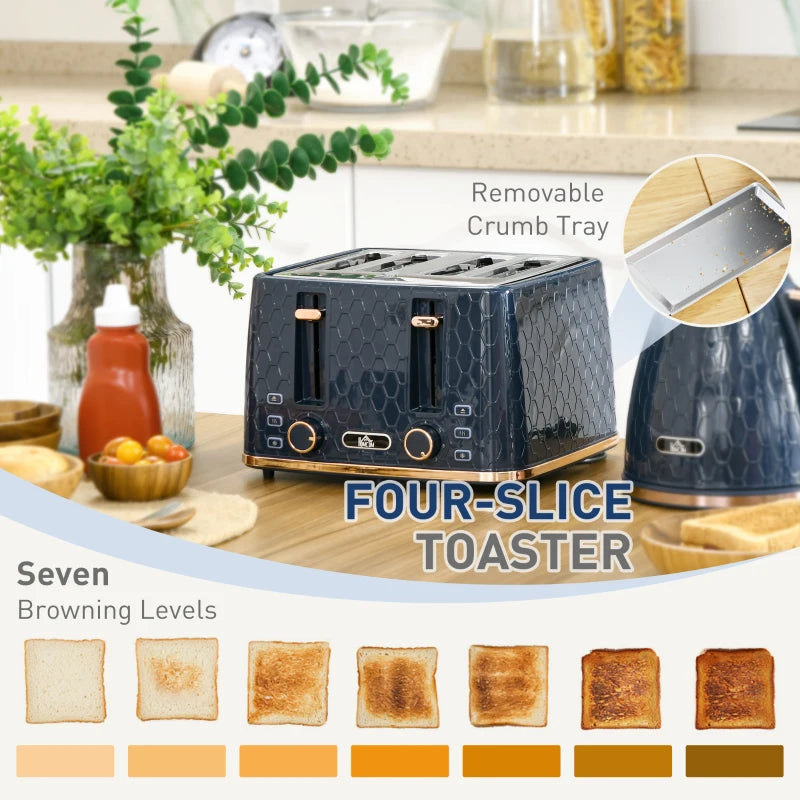 Blue Kettle and Toaster Set - 1.7L Fast Boil Jug Kettle & 4 Slice Toaster with 7 Browning Levels, UK Thermostat