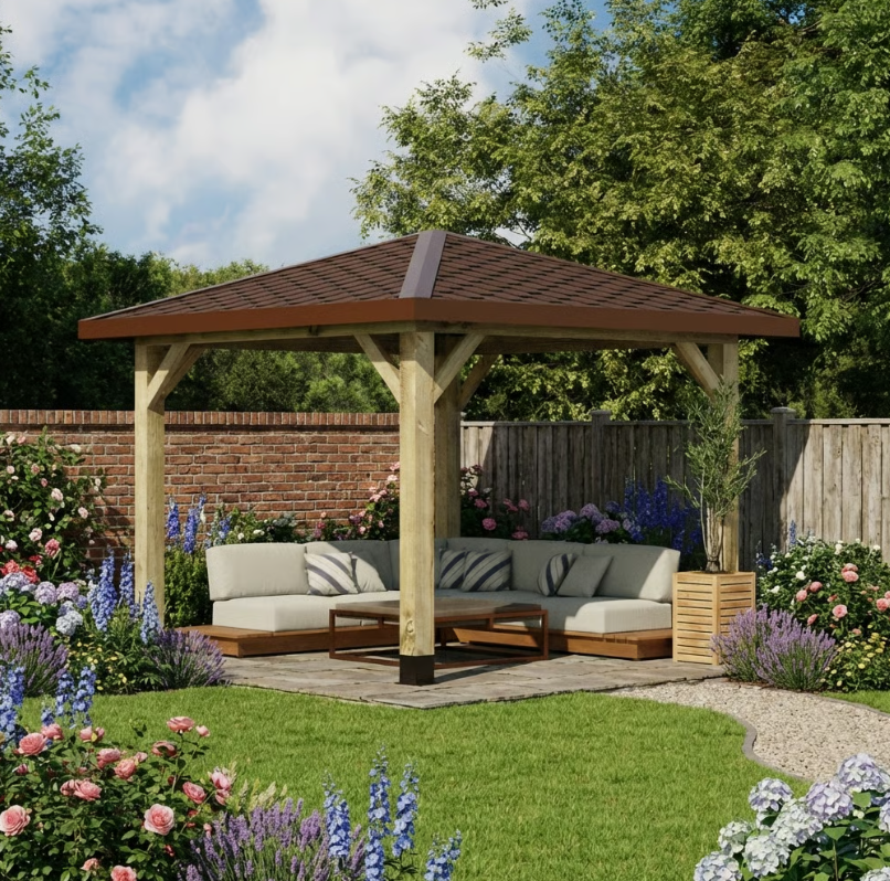 Ruby Wooden 4 Pitch Gazebo with Katepal Brown Shingle Roof - High Quality Weatherproof Garden Gazebo
