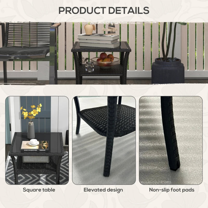 Black Two-Tier PE Rattan Square Coffee Table for Outdoor Patio and Garden