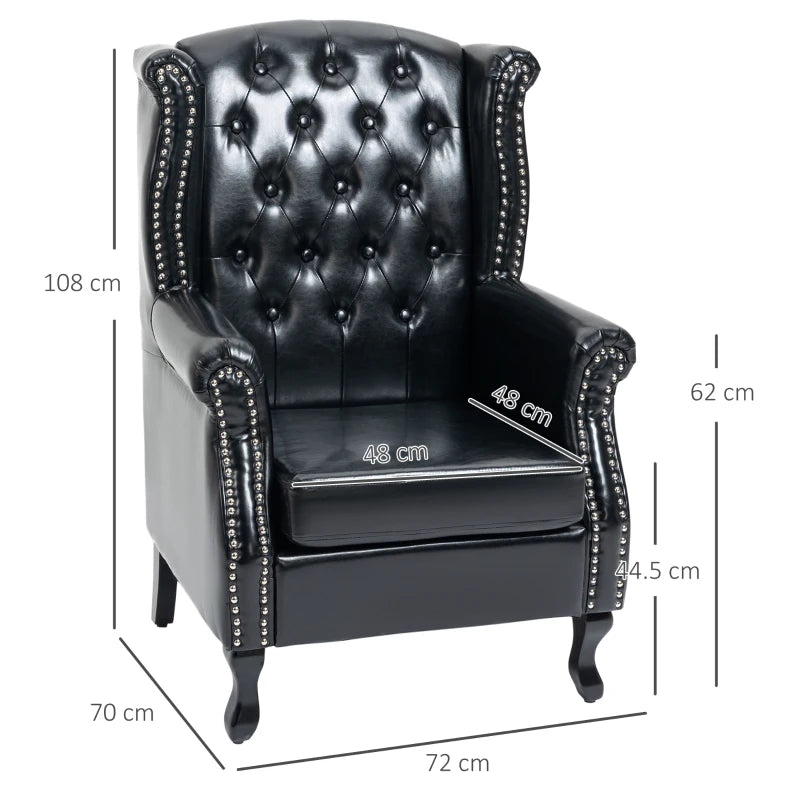 Tufted Chesterfield-Style Wingback Accent Chair with Nail Head Trim for Living Room or Bedroom in Black