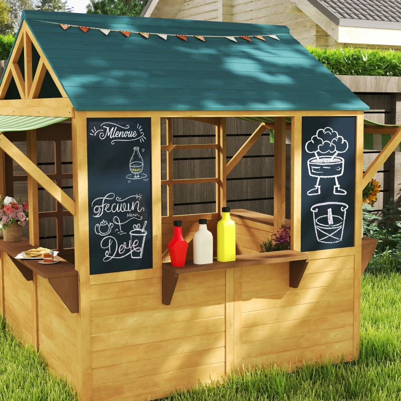 Wooden Playhouse for Kids with Foldable Design Windows Working Door and Service Stations