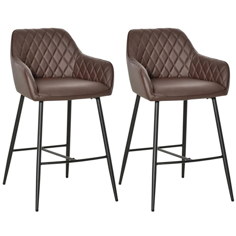 Set of 2 Retro PU Leather Bar Stools with Footrest - Stylish Metal Frame Dining Chairs in Brown