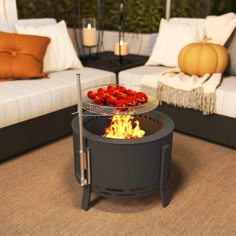Portable 58 cm Round Fire Pit with Grill Grate, Ash Catcher & Poker for Camping, BBQ