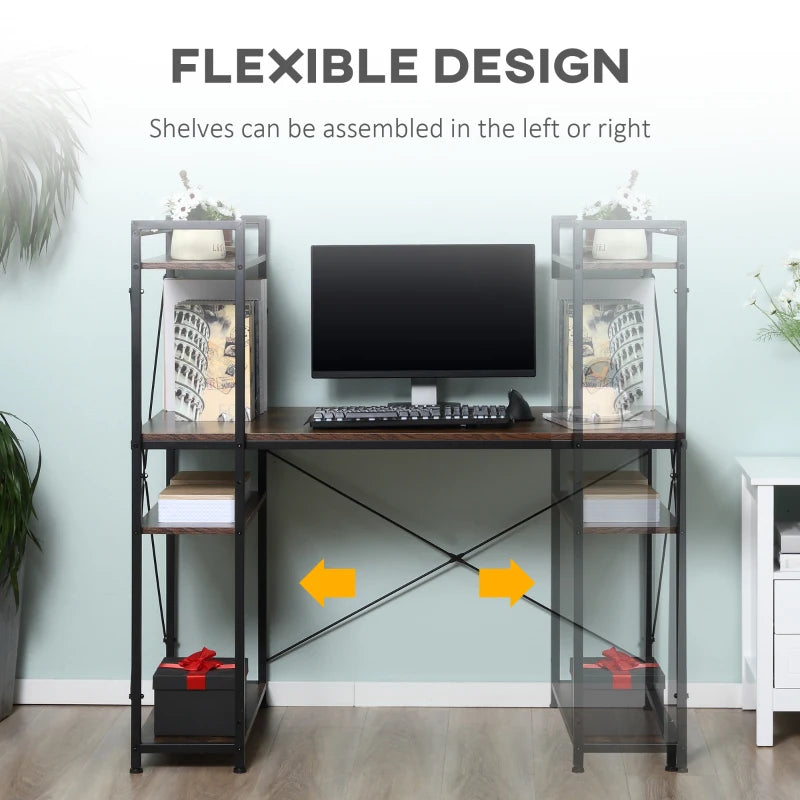 Reversible Industrial Computer Desk with Storage Shelves - Rustic Brown & Black, Easy Assembly, 120x64x121cm for Home Office