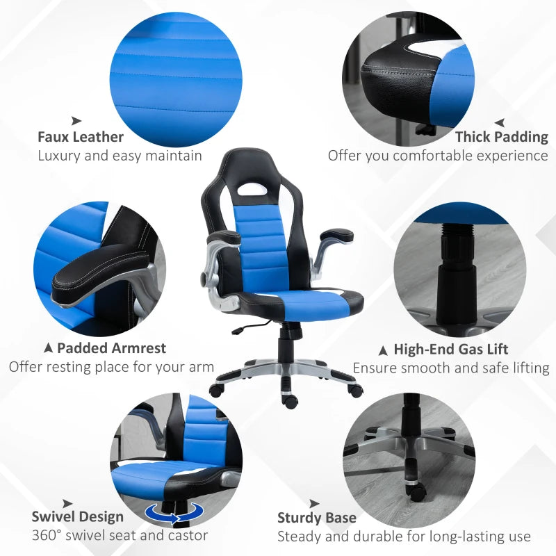 Ergonomic Blue Gaming Chair - PU Leather Office Desk Swivel Chair with Adjustable Height, 90° Flip-up Armrests & Rolling Wheels