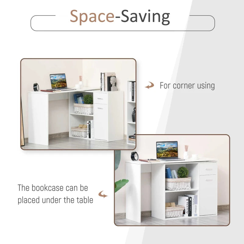 L-Shaped Corner Computer Desk with Storage Shelf & Drawer - Adjustable White Wood Grain Workstation for Home Office