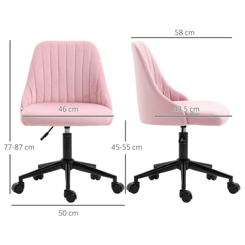 Vinsetto Pink Velvet-Feel Armless Office Chair - Stylish Ergonomic Design for Home & Office - Comfortable Seating Solution
