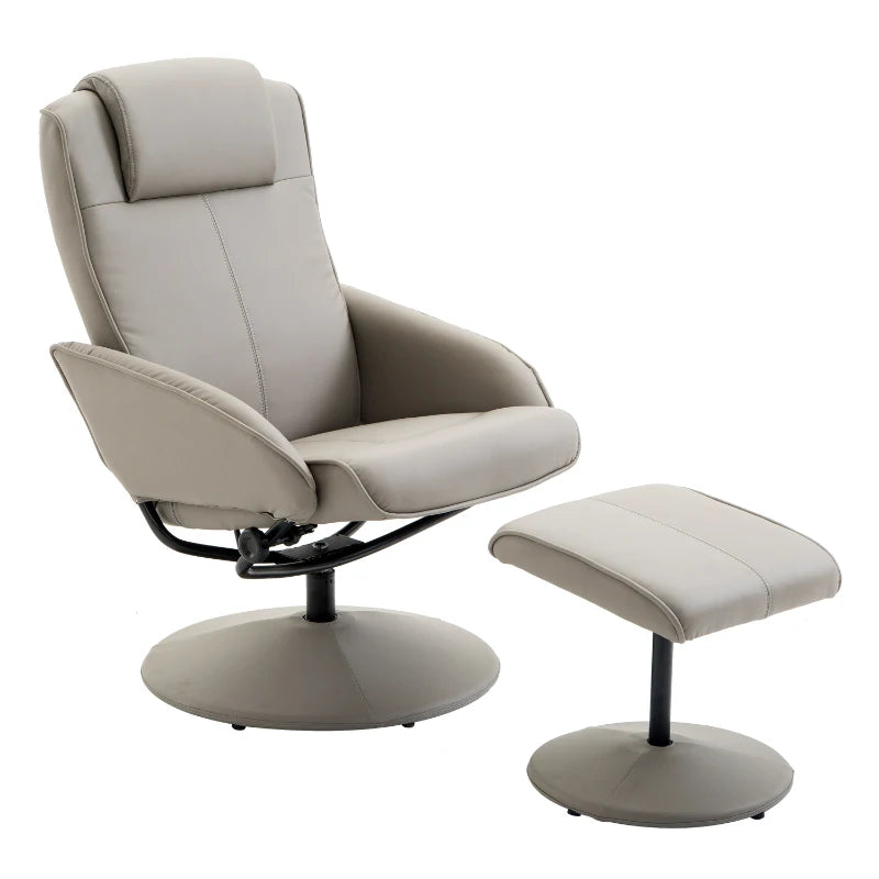 Swivel PU Leather Recliner Chair with Footstool and Adjustable Backrest for Living Room and Bedroom in Grey