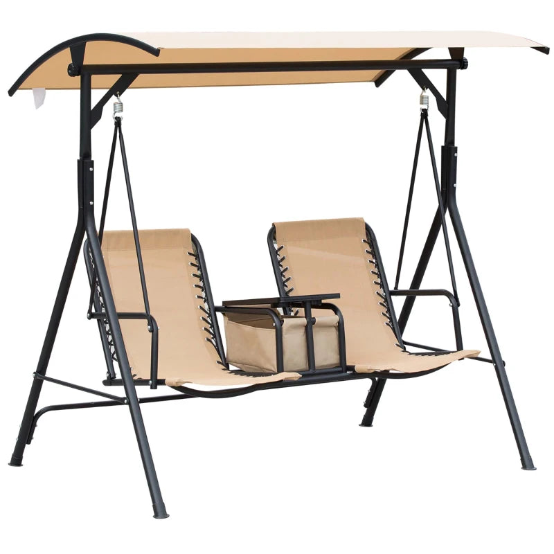 Beige 2 Seater Garden Swing Chair with Canopy, Table, Cup Holders