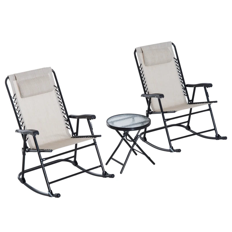 Beige 3-Piece Folding Rocking Chair Set with Glass Table - Outdoor Patio Bistro Set