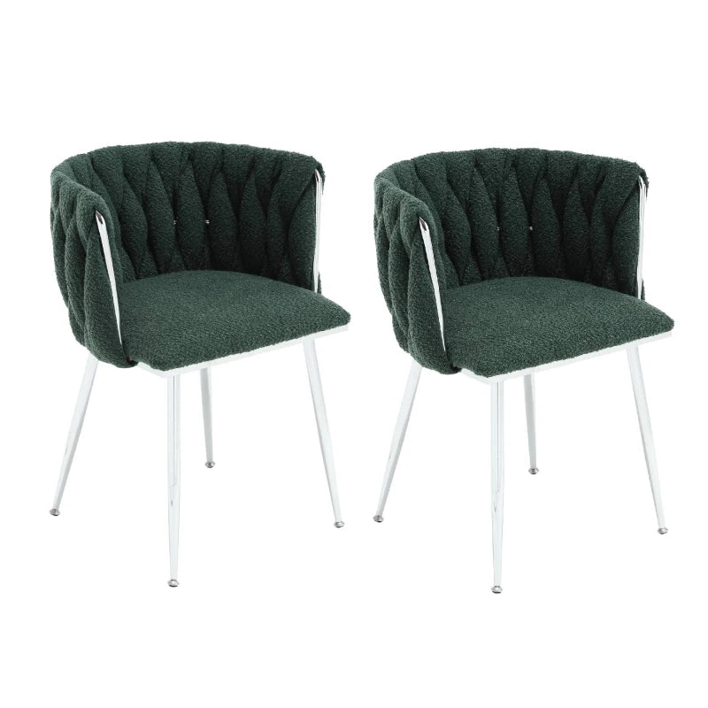 Set of 2 Modern Emerald Dining Chairs with Silver Legs, Hand-woven Backrest, Upholstered Boucle Armrests, 54x52x73 cm