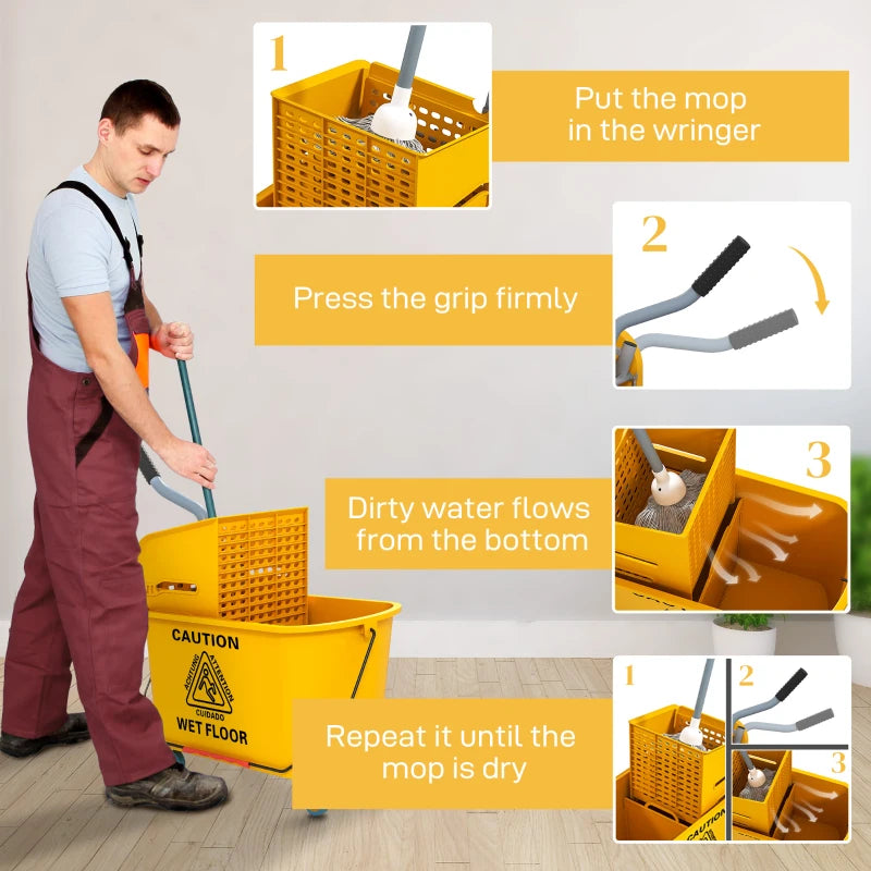 Yellow Mop Bucket with Wringer Set on Wheels - 20L Side Press Mop Bucket with Handle for Efficient Floor Cleaning