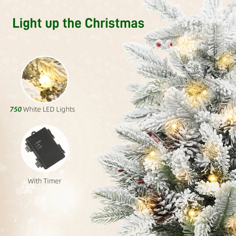60 cm Prelit Small Christmas Tree - 35 LED Lights, Snow Flocked Mini Xmas Tree with Pine Cones & Berry Clusters