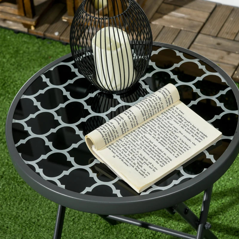 45cm Round Garden Side Table - Outdoor Folding Patio Table with Imitation Marble Glass Top - Black & White Coffee Table